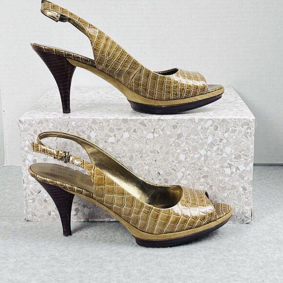 Nine West Sharina Heels Womens 8M Gold Croc Slingback Peep Toe Platform Dress - Picture 4 of 12
